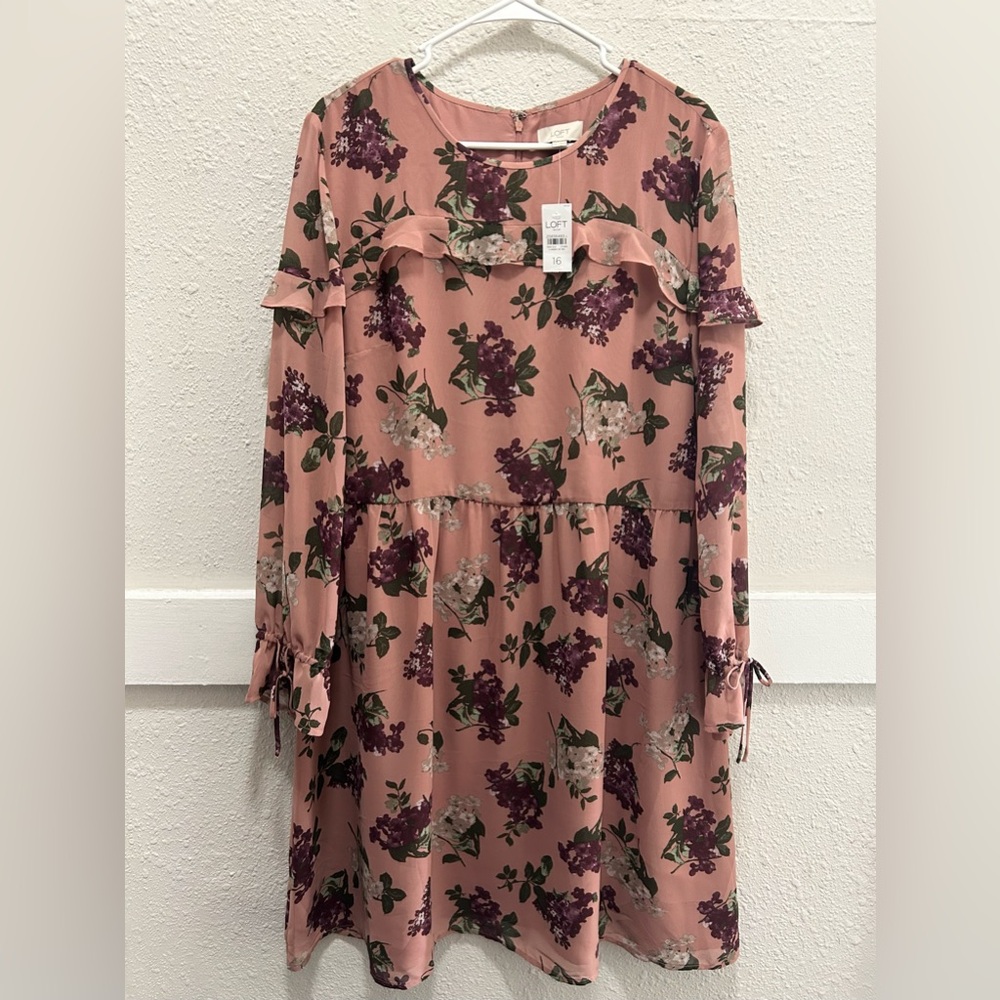 Loft Outlet Long Sleeve Nude Blush Floral Dress NWT 16